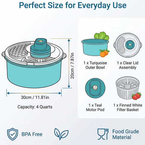 Electric Salad Spinner And Produce Washer To Wash And Spin Dry Leafy Greens Berries Or Fresh Veggies Fast With A Steady Non Slip Base That Makes Kitchen Cooking And Cleanup Totally Hassle Free In Blue, showing size and component details.