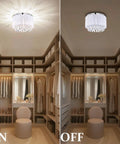 White Cotton Thread Drum Crystal Flush Mount Chandelier 3 Light Ceiling Light Fixture for Bedroom Living Room Foyer Nursery Handmade With Crystal Bead Accents And Cozy Glow Warm Vibe in closet view showing on and off lighting mode