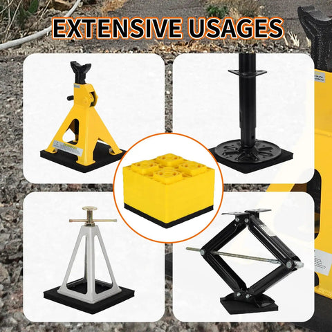 RV Leveling Block Flex Pads 8.5 Inch Rubber Jack Pads for Camper Travel Trailers with various jacks on uneven surfaces