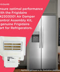 Air Damper Control Assembly Kit For Refrigerators White Replacement Part displayed with fridge in kitchen setting.