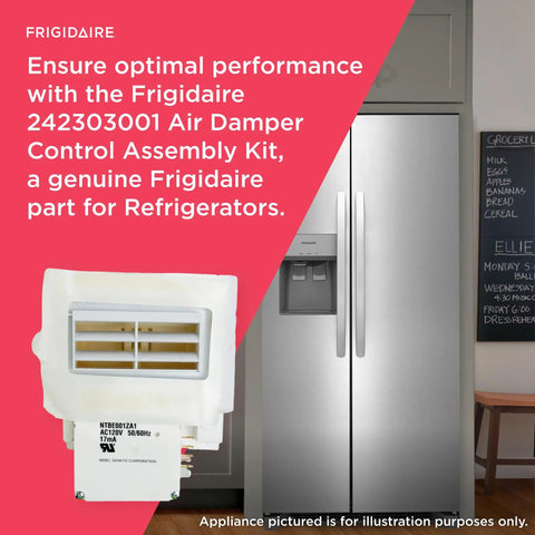 Air Damper Control Assembly Kit For Refrigerators White Replacement Part displayed with fridge in kitchen setting.