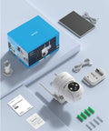 Solar Powered Outdoor Security Camera With All Around 360 Degree View And Color Night Vision AI Human Detection 2 Way Audio Spotlight Siren IP65 Weatherproof unit with packaging, solar panel, and accessories.