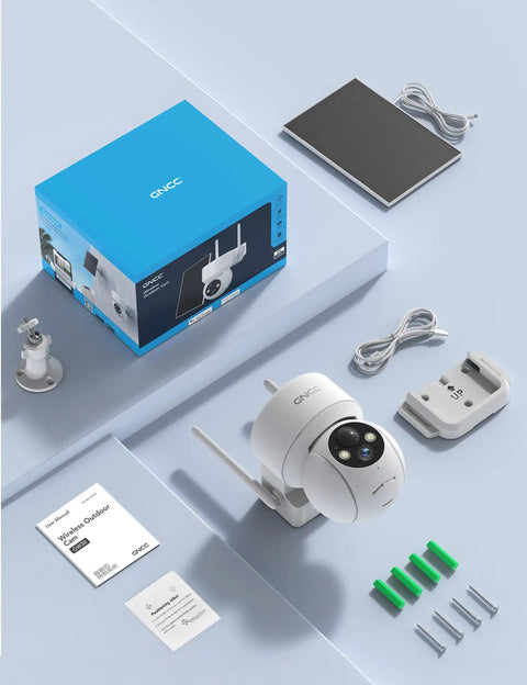 Solar Powered Outdoor Security Camera With All Around 360 Degree View And Color Night Vision AI Human Detection 2 Way Audio Spotlight Siren IP65 Weatherproof unit with packaging, solar panel, and accessories.