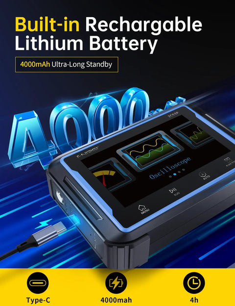 Handheld 2 Channel Oscilloscope Multimeter With DDS Signal Generator 3 In 1 shown with Type-C charging and 4000mAh battery