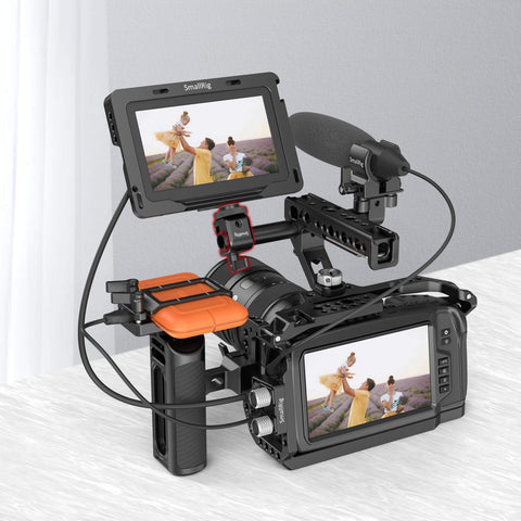 Universal Fifteen Millimeter Single Rod Clamp Rail Connector With Quarter Inch Thread To Securely Mount Cameras Microphones Audio Recorders And Lighting Gear On Cinema Camera Rigs A Knockout Build That Lets You Deck Out Your Rig And Shoot Like A Pro with mounted monitor and microphone.