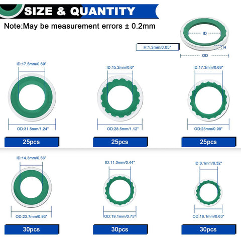 165 Piece AC Seal Washer Kit For Automotive Compressors Six Size Set Green Universal Gasket Washers dimensions and quantities