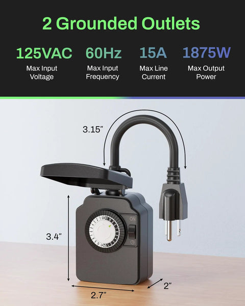 24 Hour Heavy Duty Mechanical Outdoor Timer Outlet With 30 Minute Intervals Waterproof Outdoor Plug with specs display