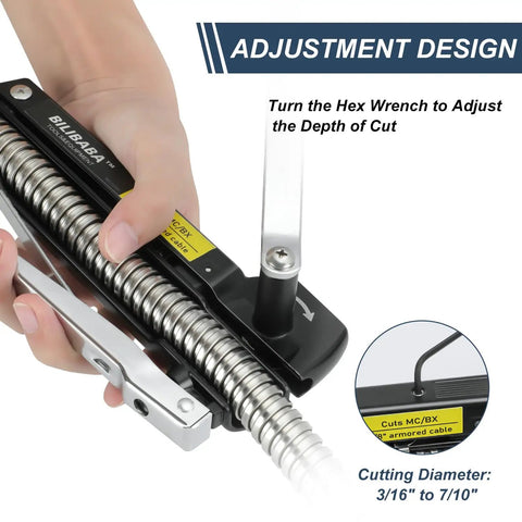 Heavy Duty Workhorse MC Cable Cutter adjusts cut depth with hex wrench, for 3/16 to 7/10 inch BX AC MCAP Greenfield cable.