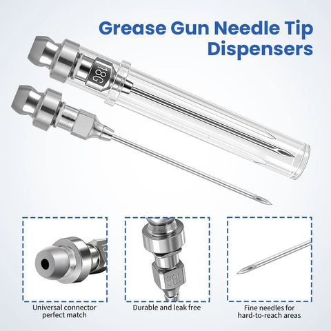 7-piece grease gun needle tip kit with metal fittings and clear storage tube for tight spaces