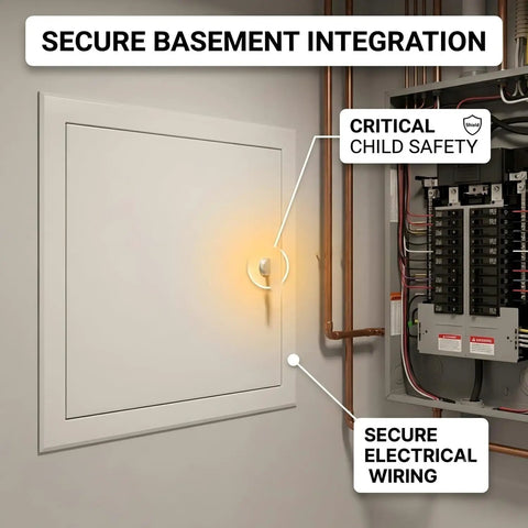 No Sweat Steel Access Panel For Drywall Featuring Keyed Lock And Flush Mount Setup To Hide Valves While Keeping Your Walls Clean And Plumbing Systems Fully Squared Away showing a secure access door in a basement.