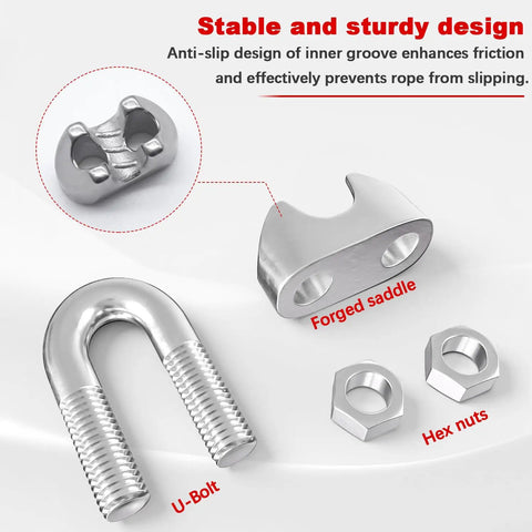 Heavy Duty 20 Piece 304 Stainless Steel Wire Rope Clip Clamp Kit with anti-slip groove, U-bolt, saddle, and hex nuts.