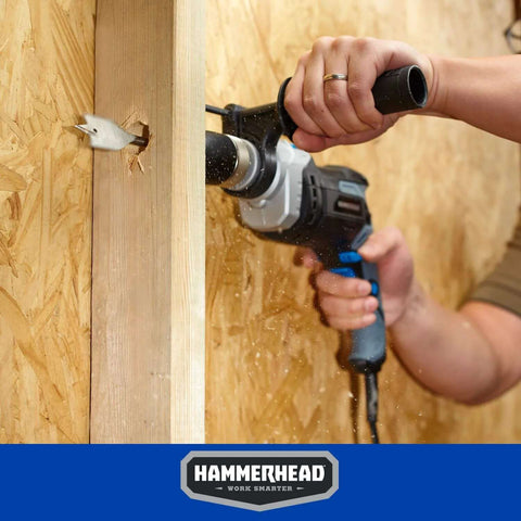 Hammerhead 7.5-Amp 1/2-in variable-speed hammer drill with 6-bit set, corded, drilling wood.