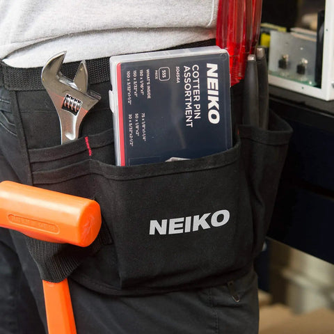 Person wearing tool belt with NEIKO 555 Piece Cotter Pin Set For Automotive And Trailer Projects Zinc Plated Steel