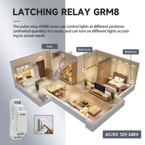 Impulse Latching Relay With Memory, 16A Pulse Control, Wide Range AC DC 12 Volt To 240 Volt, Easy DIN Rail Mount shown in home setup