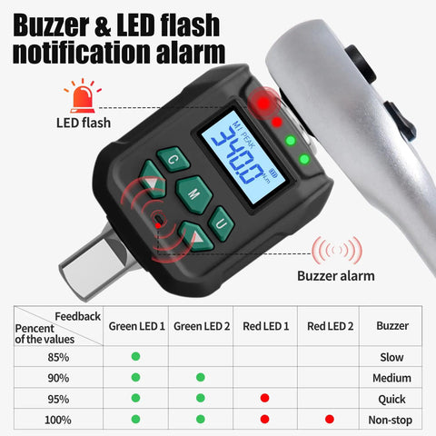 Half Inch Digital Torque Wrench Adapter Turns Any Ratchet Into A Pro Torque Tool 7.5 To 250 Ft Lb (10 To 340 Nm) With 2 Percent Accuracy Includes Case, Two Socket Adapters, Mini Screwdriver, Calibration Certificate, And Manual. Digital torque adapter with LCD, LEDs, and buzzer