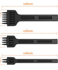 Pro Grade Three Piece Leather Stitching Chisel Set With Four Millimeter Diamond Prongs showing 2, 4, 6 teeth chisel sizes.