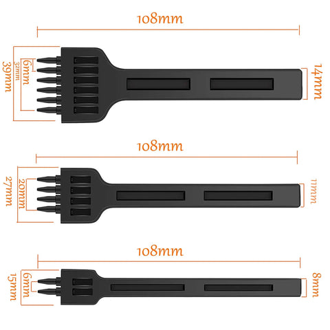 Pro Grade Three Piece Leather Stitching Chisel Set With Four Millimeter Diamond Prongs showing 2, 4, 6 teeth chisel sizes.