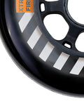 Close-up of Urban Bolt 100mm 90A Inline Skate Wheel showing black rim and white graphic details