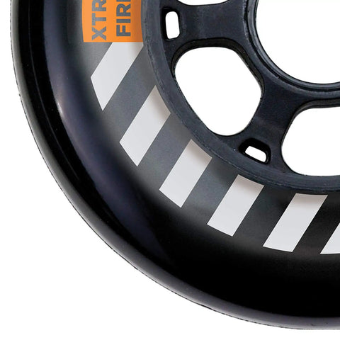 Close-up of Urban Bolt 100mm 90A Inline Skate Wheel showing black rim and white graphic details