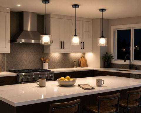 Karjearl Glass Pendant Lights Kitchen Island, 2 Pack Black Hanging Lighting in modern kitchen with quartz countertop.