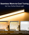 Six Pack Under Cabinet Lighting With Touch Control LED Light Bars in warm to cool tones from 2700K to 6500K displaying mood settings.