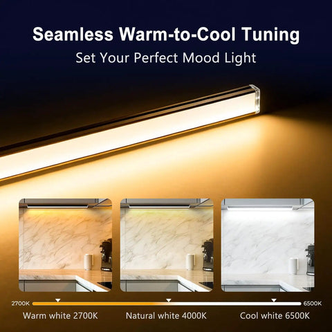 Six Pack Under Cabinet Lighting With Touch Control LED Light Bars in warm to cool tones from 2700K to 6500K displaying mood settings.
