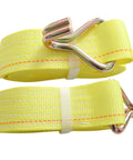 Heavy Duty Ratchet Tie Down Straps 2 Inch X 15 Feet With Reinforced Steel J Hooks 4 Pack, yellow straps with metal hooks.
