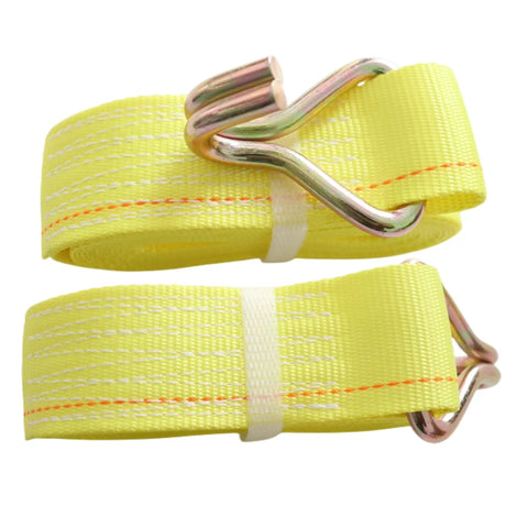 Heavy Duty Ratchet Tie Down Straps 2 Inch X 15 Feet With Reinforced Steel J Hooks 4 Pack, yellow straps with metal hooks.
