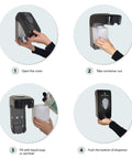 No Sweat Wall Mounted Manual Soap And Hand Sanitizer Dispenser 1000 Ml White shows installation steps and liquid filling process.