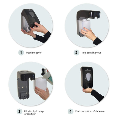 No Sweat Wall Mounted Manual Soap And Hand Sanitizer Dispenser 1000 Ml White shows installation steps and liquid filling process.