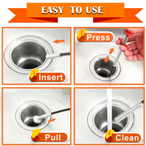 Instructional image showing use of Extra Long Drain Cleaning Kit With 35.4 Inch Stainless Steel Rod and plastic drain snakes.
