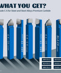 Front view of ten blue 1/4-inch carbide-tipped lathe cutting tool bits set with assorted profiles.