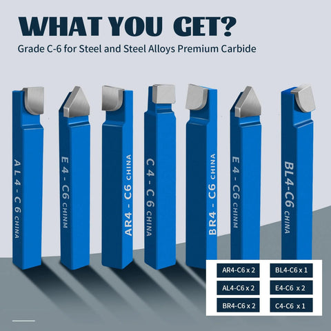 Front view of ten blue 1/4-inch carbide-tipped lathe cutting tool bits set with assorted profiles.
