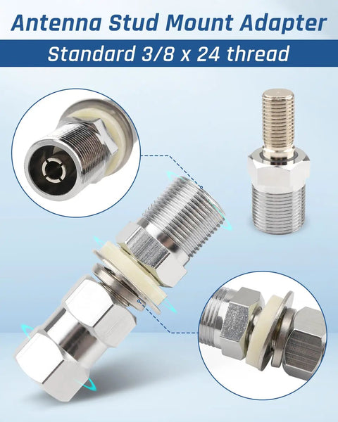 Heavy Duty CB Antenna Stud Mount Adapter With SO239 Connector For Three Eighths By Twenty Four Threads Fits Any Mounting Surface
