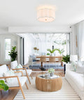 Semi Flush Mount Ceiling Light Fixture With Cream White Fabric Drum Shade Modern Close To Ceiling Lamp in a living room