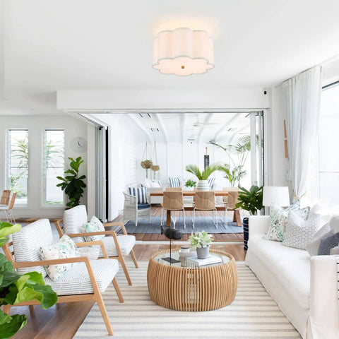 Semi Flush Mount Ceiling Light Fixture With Cream White Fabric Drum Shade Modern Close To Ceiling Lamp in a living room