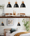 Hammered Pendant Light With Solid Wood And Metal Shade In Black Finish above dining table and bed, 10.2 inch fixture