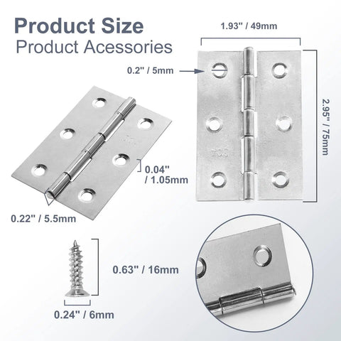 Heavy Duty Stainless Steel Butt Hinges For Interior And Exterior Doors Polished Silver dimensions with included mounting screws.