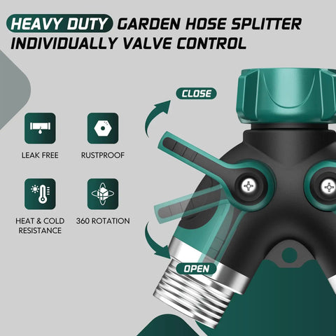 2 Way Garden Hose Splitter With Shut Off Valve For 3/4 Inch Hose Connector Heavy Duty Metal Outdoor Faucet Y Connector For Garden Hose No Leaks With Leak Proof Washers Included, close view