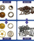 Before and after images showing the effects of using a High Frequency Vibration Tumbler Polisher For Jewelry, Stone And Metal Parts, 6.2L Drum, showing polished gears, bolts and chains.