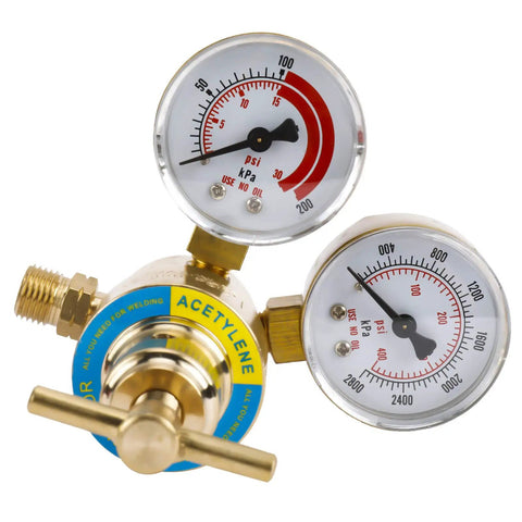Heavy Duty Pro Grade Air Acetylene Welding And Cutting Torch Set With CGA 200 Regulator, dual gauges display PSI and KPA readings.