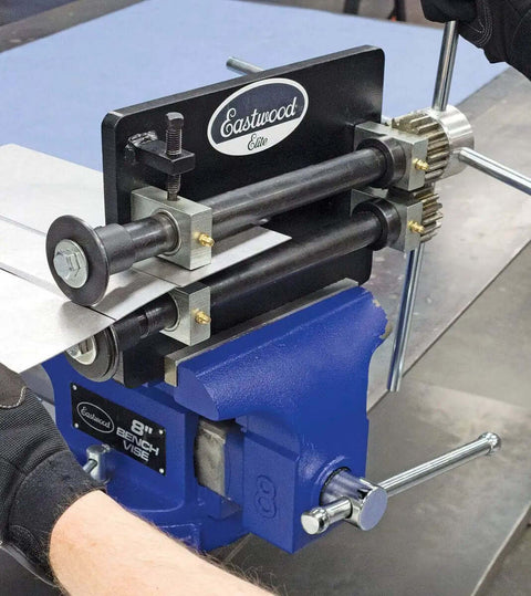 Heavy Duty Bead Roller 8 Inch With 22mm Shaft For Metal Fabrication in use with sheet metal, die set, and 4 spoke crank handle