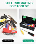 Kickass Tailgate Ready Tool Box Featuring An Unbreakable Hinged Lid And Grippy Top Carry Handle, before and after organization.