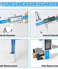 Digital Caliper Measuring Tool Pro Grade Industrial Caliper For Inch And Millimeter Measurement Jewelry Quality IP54 Waterproof Glass Sensor For Temperature And Humidity Stability Easy Read LCD showing four measuring modes