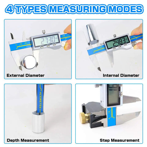 Digital Caliper Measuring Tool Pro Grade Industrial Caliper For Inch And Millimeter Measurement Jewelry Quality IP54 Waterproof Glass Sensor For Temperature And Humidity Stability Easy Read LCD showing four measuring modes