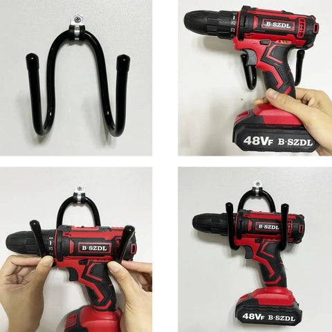 Heavy Duty 2 Pack Power Tool Organizer Wall Mount Hangers Drill Holder Storage Rack For Garage Workshop Shed Organization Ideal Gift For Men Dads Handy Home Improvement, shown installed with a red power drill.