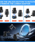 Diagram showing unlocking process of 70in1 Action Camera Accessories Kit For GoPro And Most Cameras Including Hero Series Insta360 X Series DJI Osmo Action And AKASO Featuring 5 Section Selfie Stick 360 Degree Suction Cup Aluminum Extendable Pole 28 To 111 Cm Mounts And More.