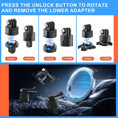 Diagram showing unlocking process of 70in1 Action Camera Accessories Kit For GoPro And Most Cameras Including Hero Series Insta360 X Series DJI Osmo Action And AKASO Featuring 5 Section Selfie Stick 360 Degree Suction Cup Aluminum Extendable Pole 28 To 111 Cm Mounts And More.