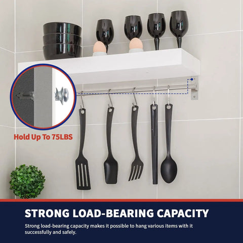 DIY Drywall Anchors And Screws Kit with 200 self-drilling anchors used to mount a shelf holding dishes, utensils hanging underneath