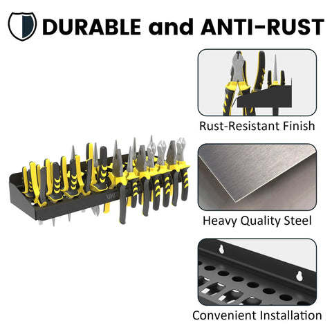 Pliers Holder Wall Mount Rack For Garage Workshop Or Shed with tools, rust-resistant finish, heavy duty steel, easy installation.